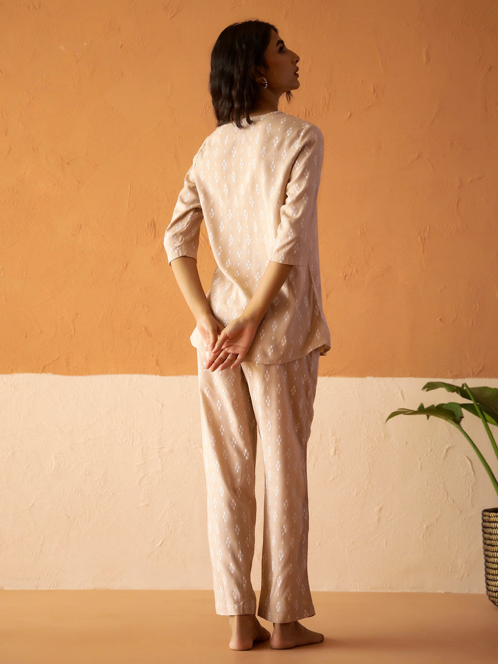 Cream Round Neck Viscose Rayon Printed Ethnic Motifs Night Suit For Women