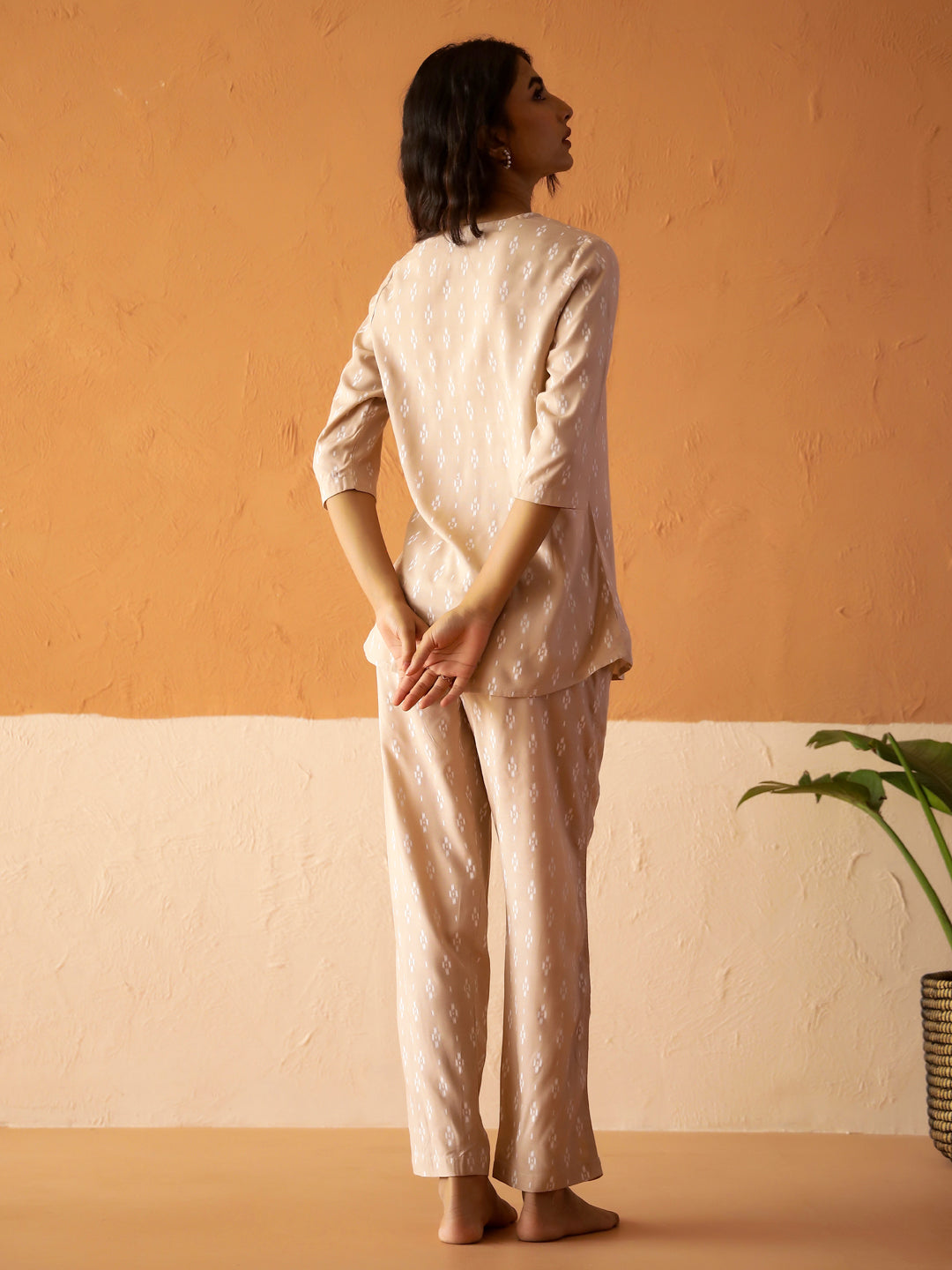 Cream Round Neck Viscose Rayon Printed Ethnic Motifs Night Suit For Women