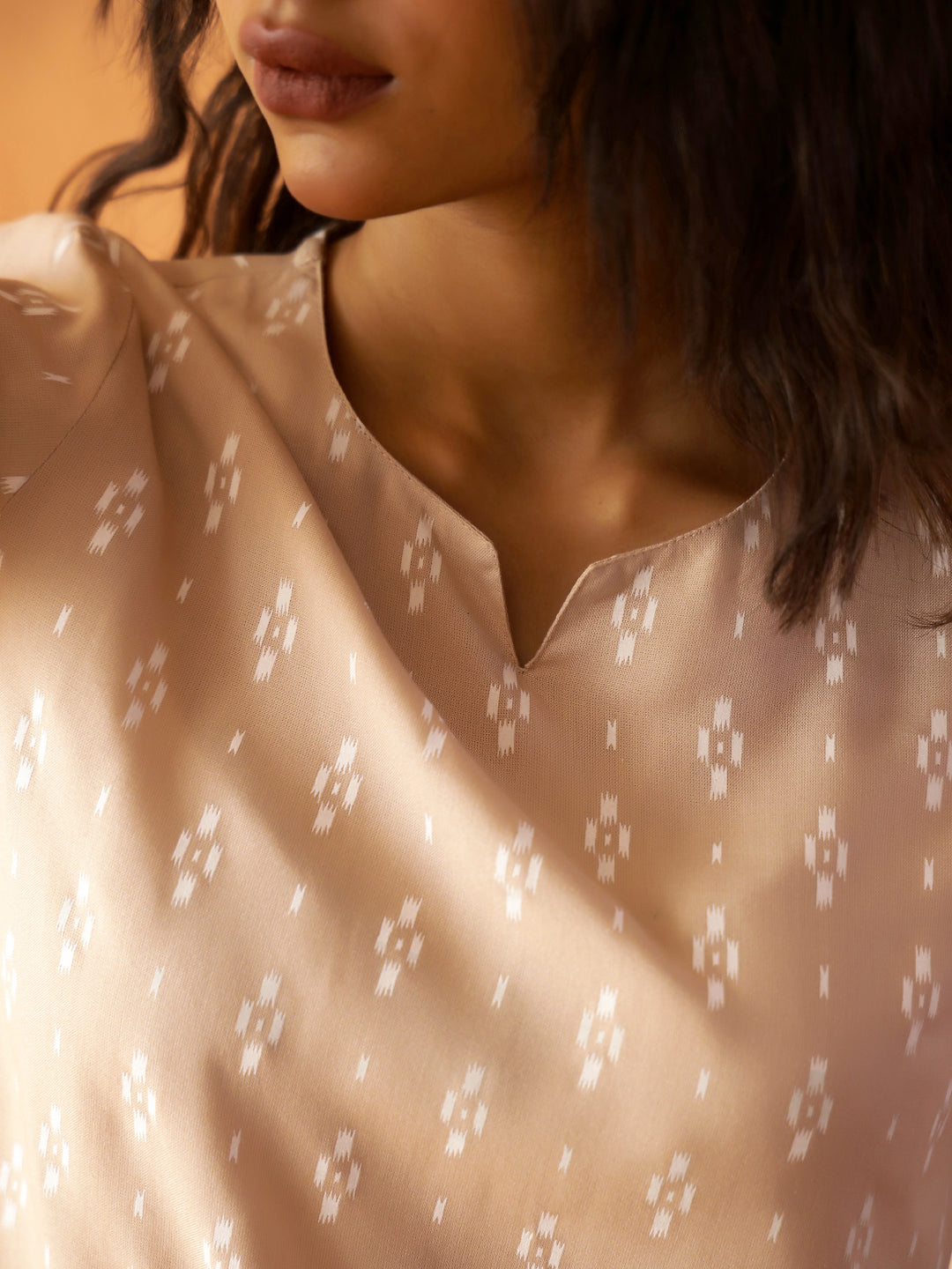 Cream Round Neck Viscose Rayon Printed Ethnic Motifs Night Suit For Women