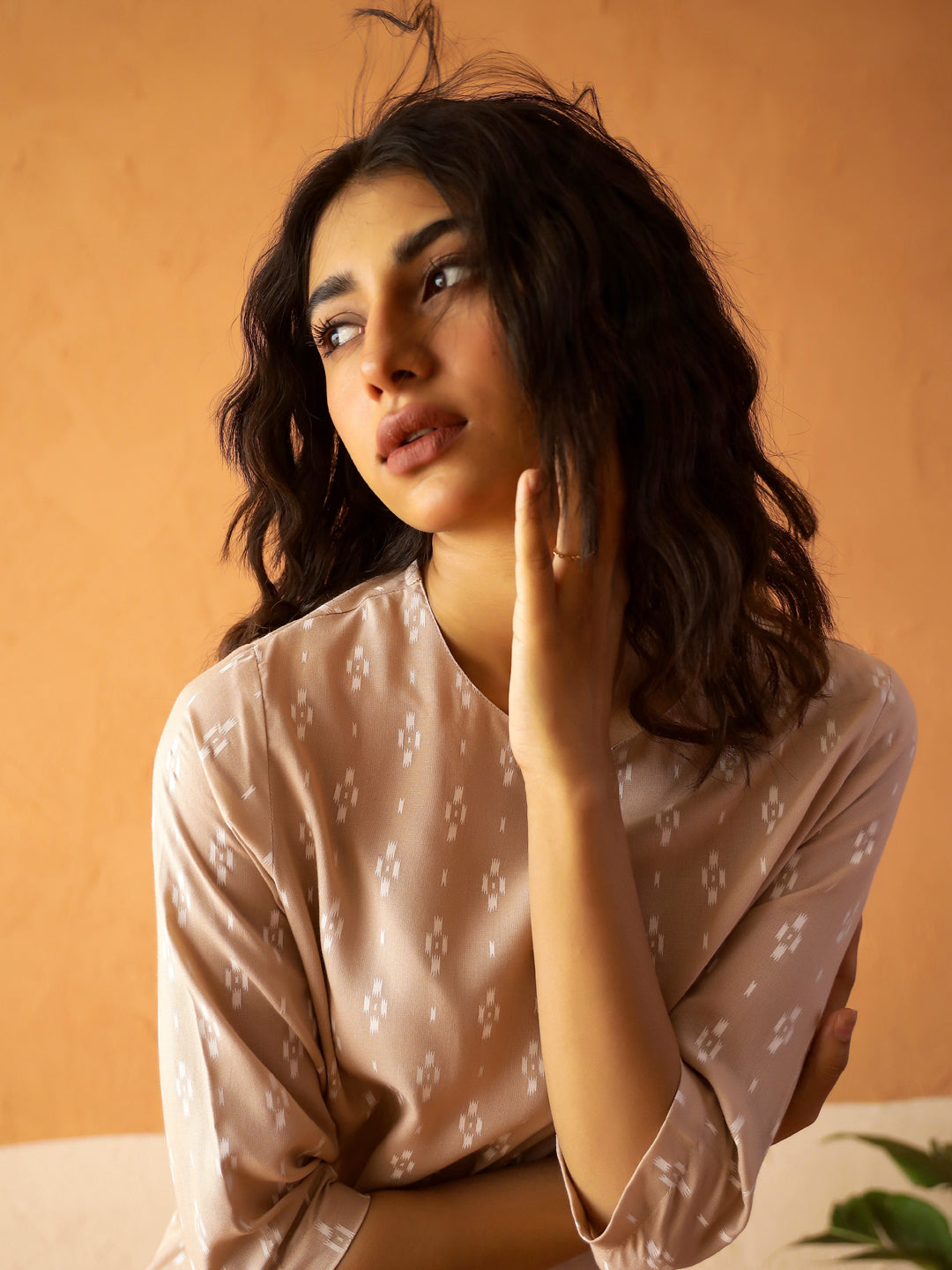 Cream Round Neck Viscose Rayon Printed Ethnic Motifs Night Suit For Women