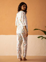 White Round Neck Pure Cotton Animal Printed Night Suit For Women