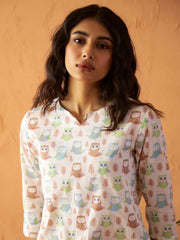 White Round Neck Pure Cotton Animal Printed Night Suit For Women