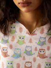 White Round Neck Pure Cotton Animal Printed Night Suit For Women
