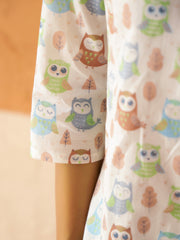 White Round Neck Pure Cotton Animal Printed Night Suit For Women