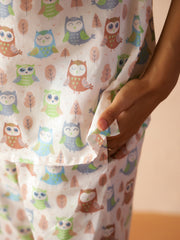 White Round Neck Pure Cotton Animal Printed Night Suit For Women