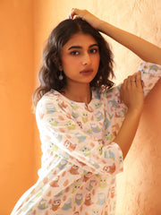 White Round Neck Pure Cotton Animal Printed Night Suit For Women