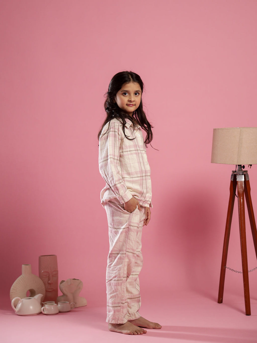 Pink Checked Printed Cotton Winter Night Suit for Kids - SanskrutiHomes 