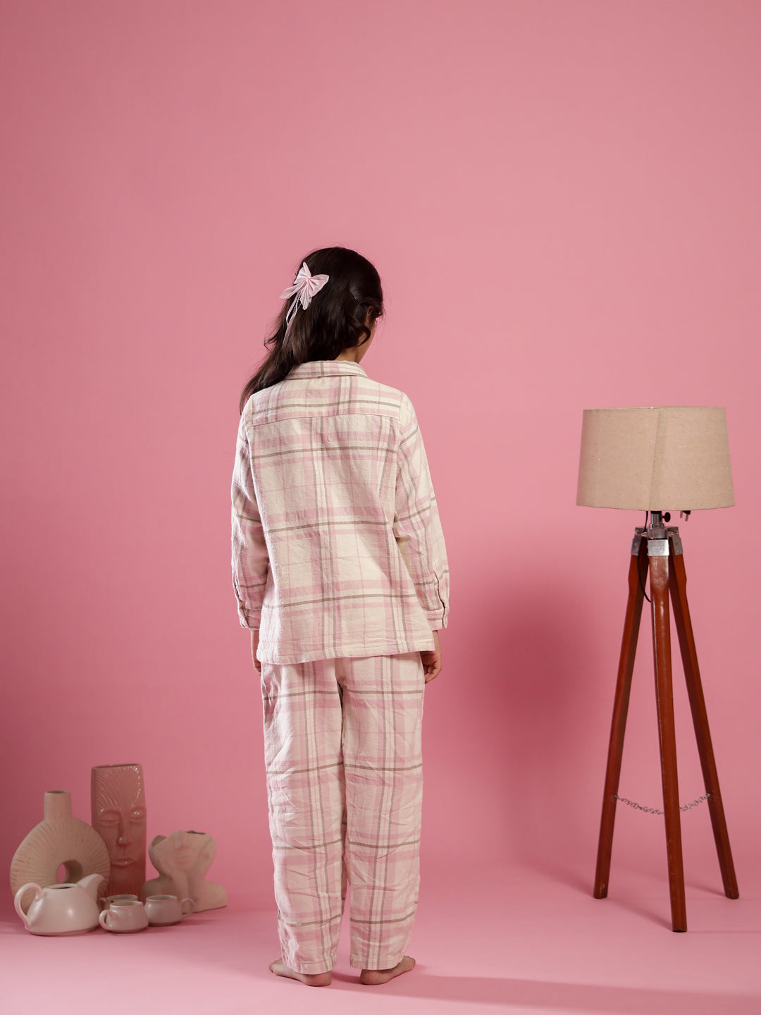 Pink Checked Printed Cotton Winter Night Suit for Kids - SanskrutiHomes 