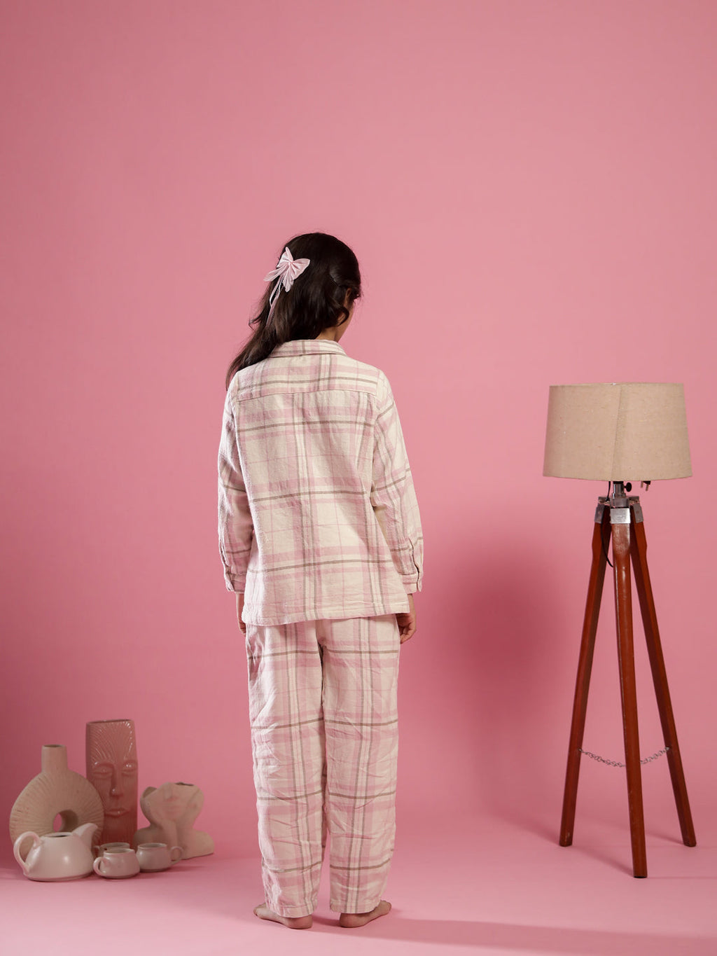 Pink Checked Printed Cotton Winter Night Suit for Kids - SanskrutiHomes 
