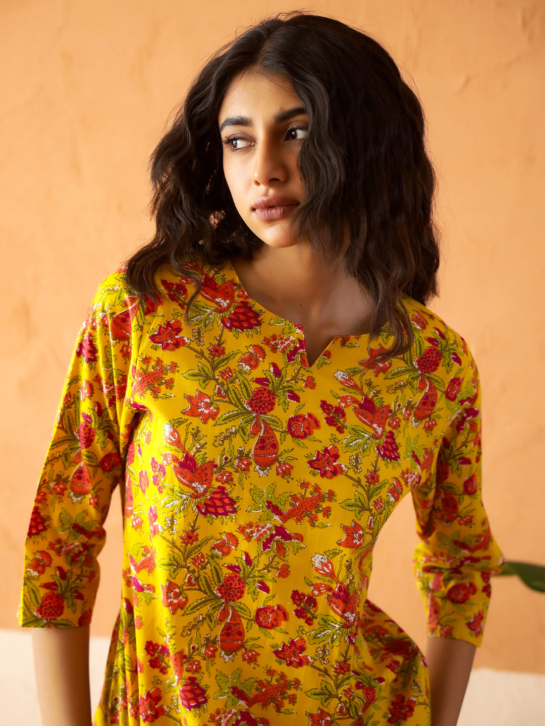 Yellow Round Neck Pure Cotton Printed Floral Night Suit For Women