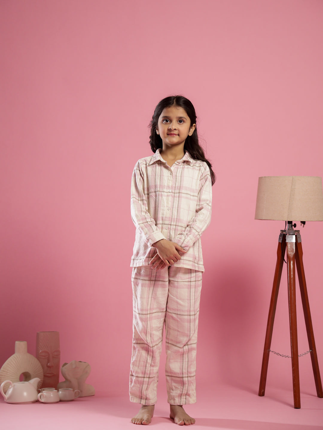 Pink Checked Printed Cotton Winter Night Suit for Kids - SanskrutiHomes 