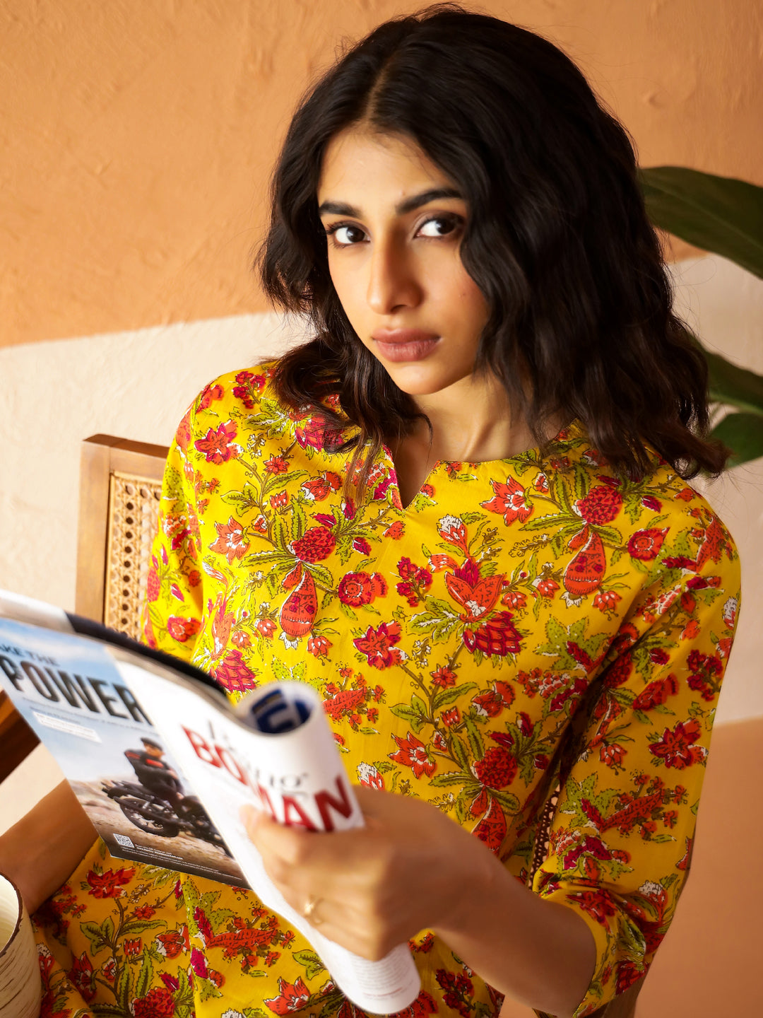 Yellow Round Neck Pure Cotton Printed Floral Night Suit For Women