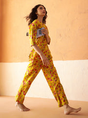 Yellow Round Neck Pure Cotton Printed Floral Night Suit For Women