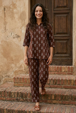Magenta Motif Print Round Neck Night Suit For Women