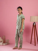 Green Floral Printed Round Neck Night Suit for Kids - SanskrutiHomes 