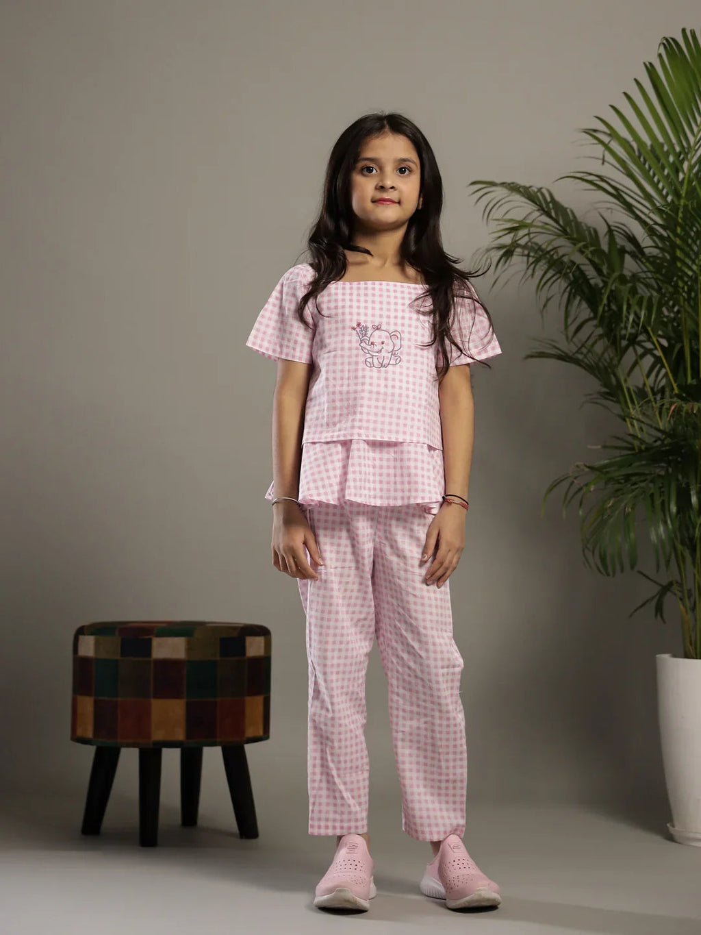 Pink Check Printed Square Neck Cotton Co-ords Set - SanskrutiHomes 