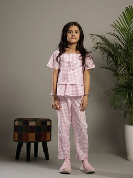 Pink Check Printed Square Neck Cotton Co-ords Set - SanskrutiHomes 
