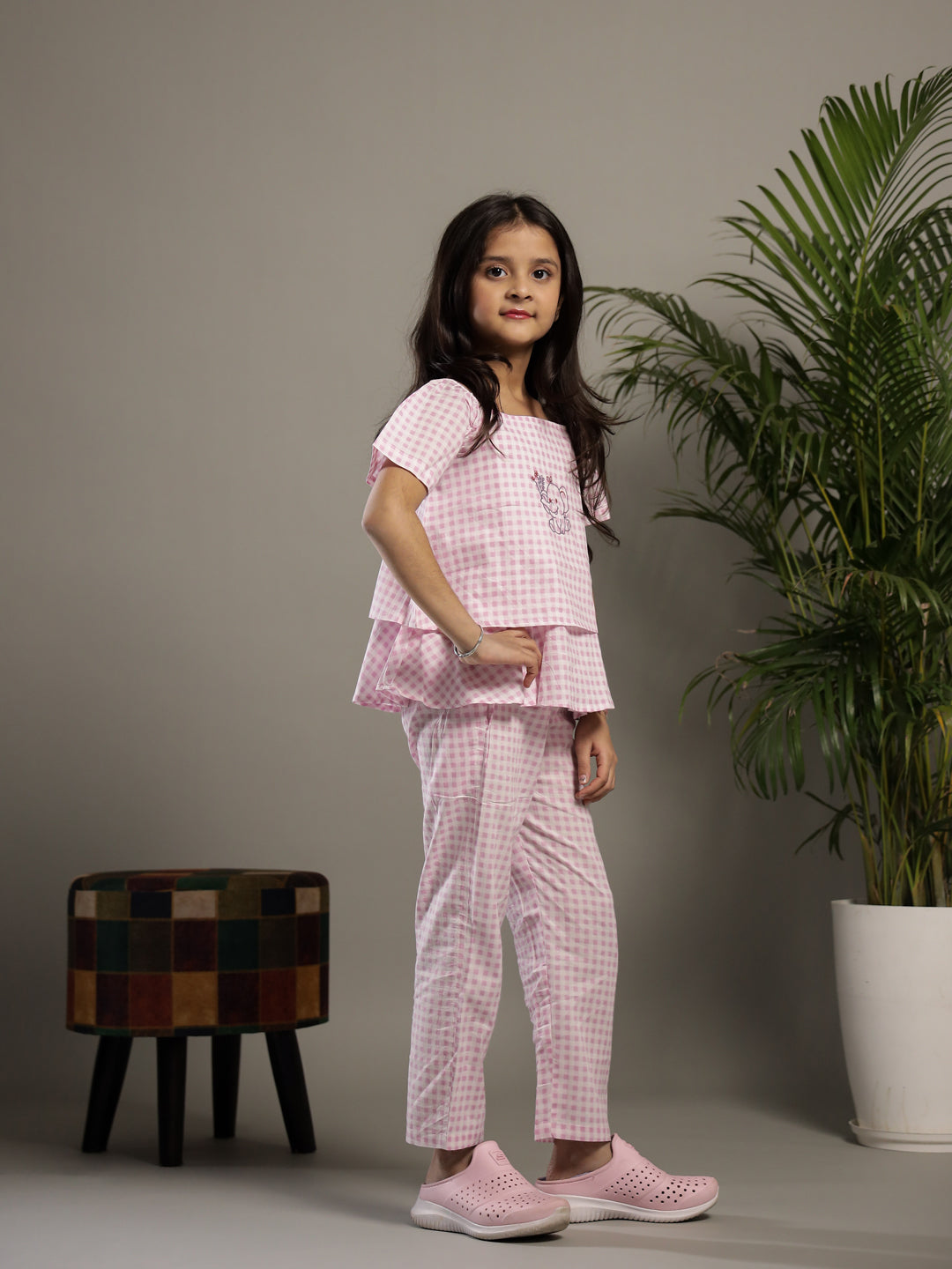 Pink Check Printed Square Neck Cotton Co-ords Set - SanskrutiHomes 