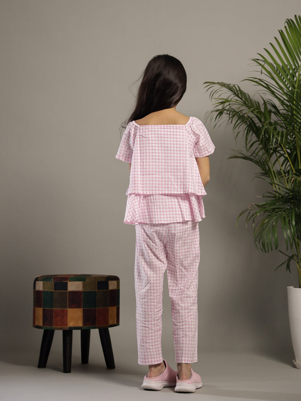 Pink Check Printed Square Neck Cotton Co-ords Set - SanskrutiHomes 