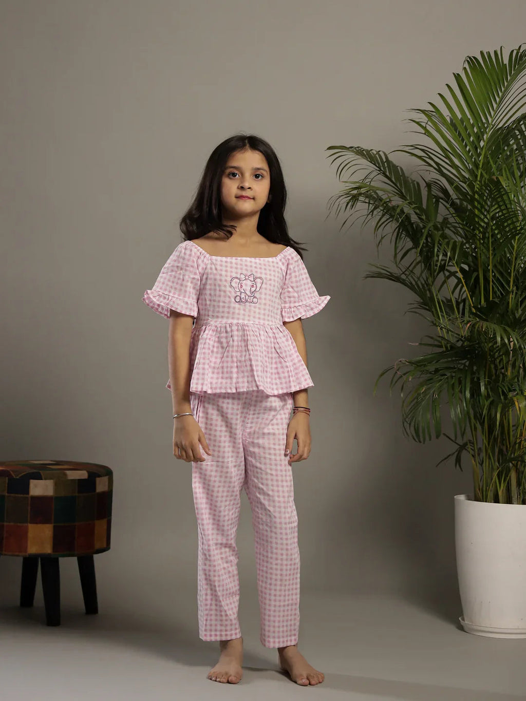 Pink Check Printed Round Neck Cotton Co-ords Set - SanskrutiHomes 