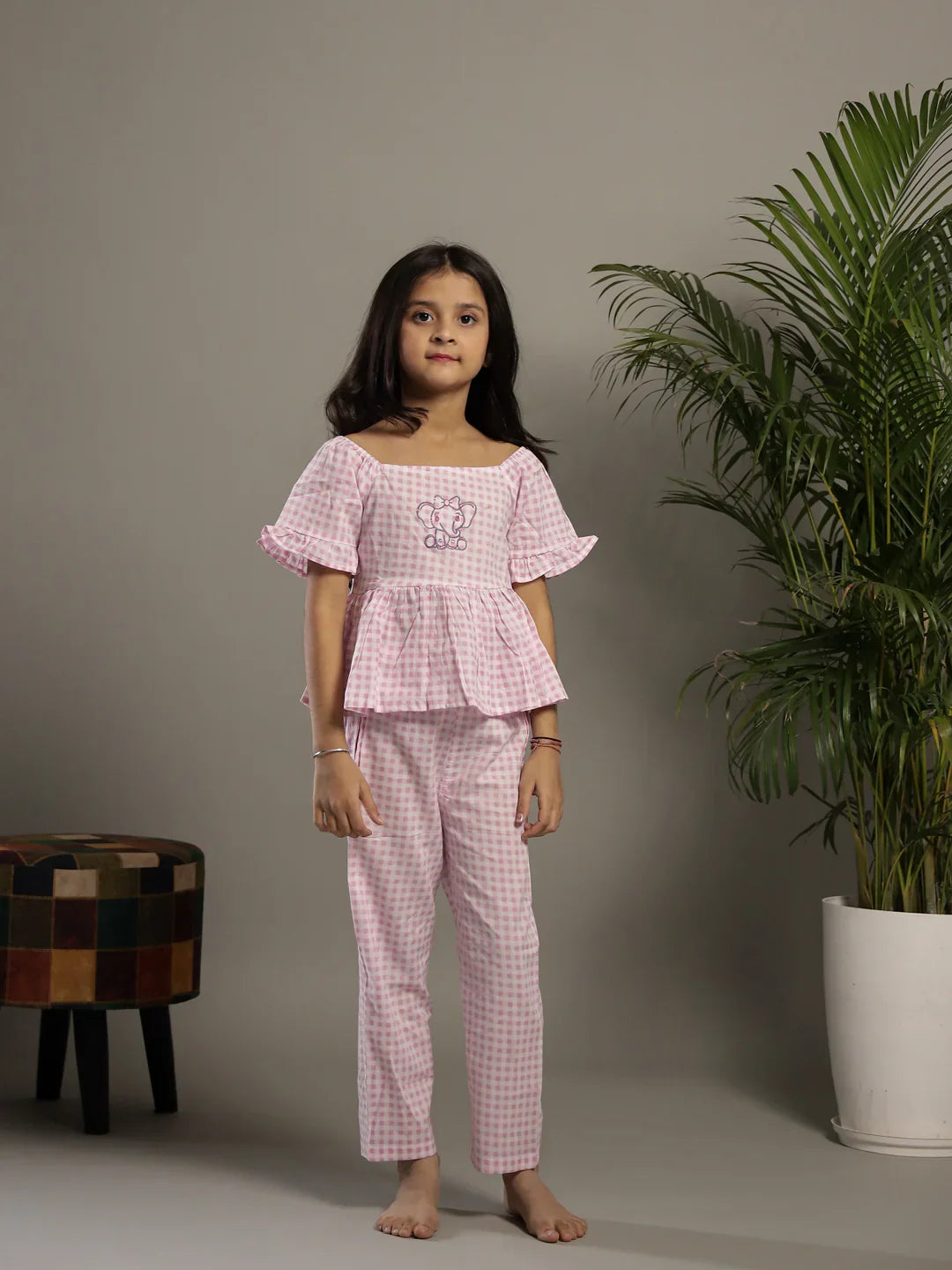 Pink Check Printed Round Neck Cotton Co-ords Set - SanskrutiHomes 