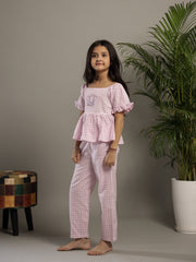 Pink Check Printed Round Neck Cotton Co-Ords Set