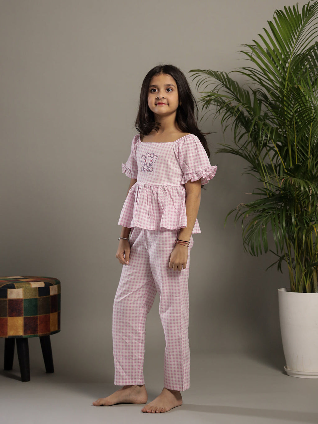 Pink Check Printed Round Neck Cotton Co-ords Set - SanskrutiHomes 
