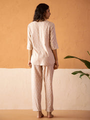 Cream Round Neck Viscose Rayon Ethnic Motifs Printed Night Suit For Women