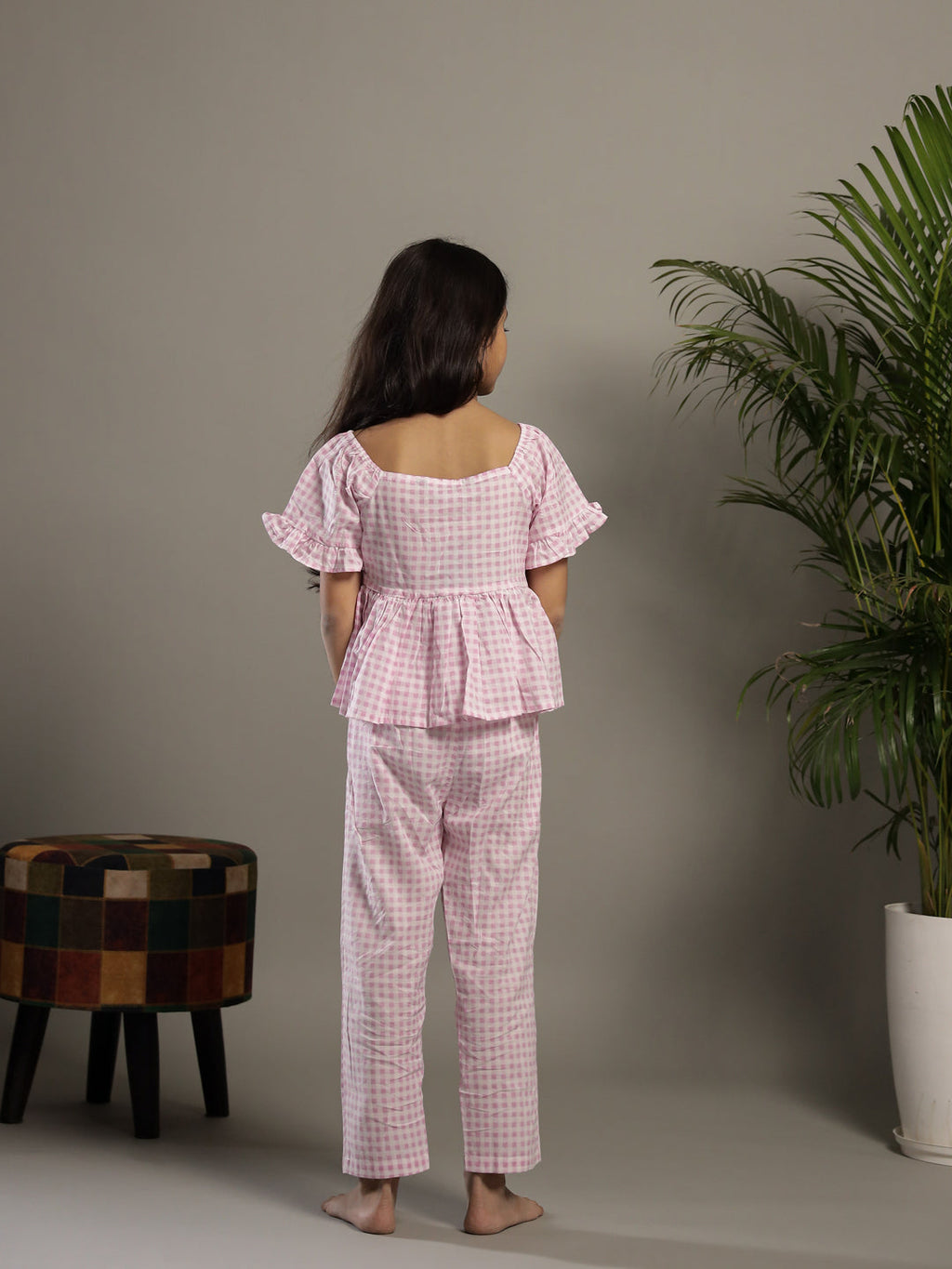 Pink Check Printed Round Neck Cotton Co-ords Set - SanskrutiHomes 