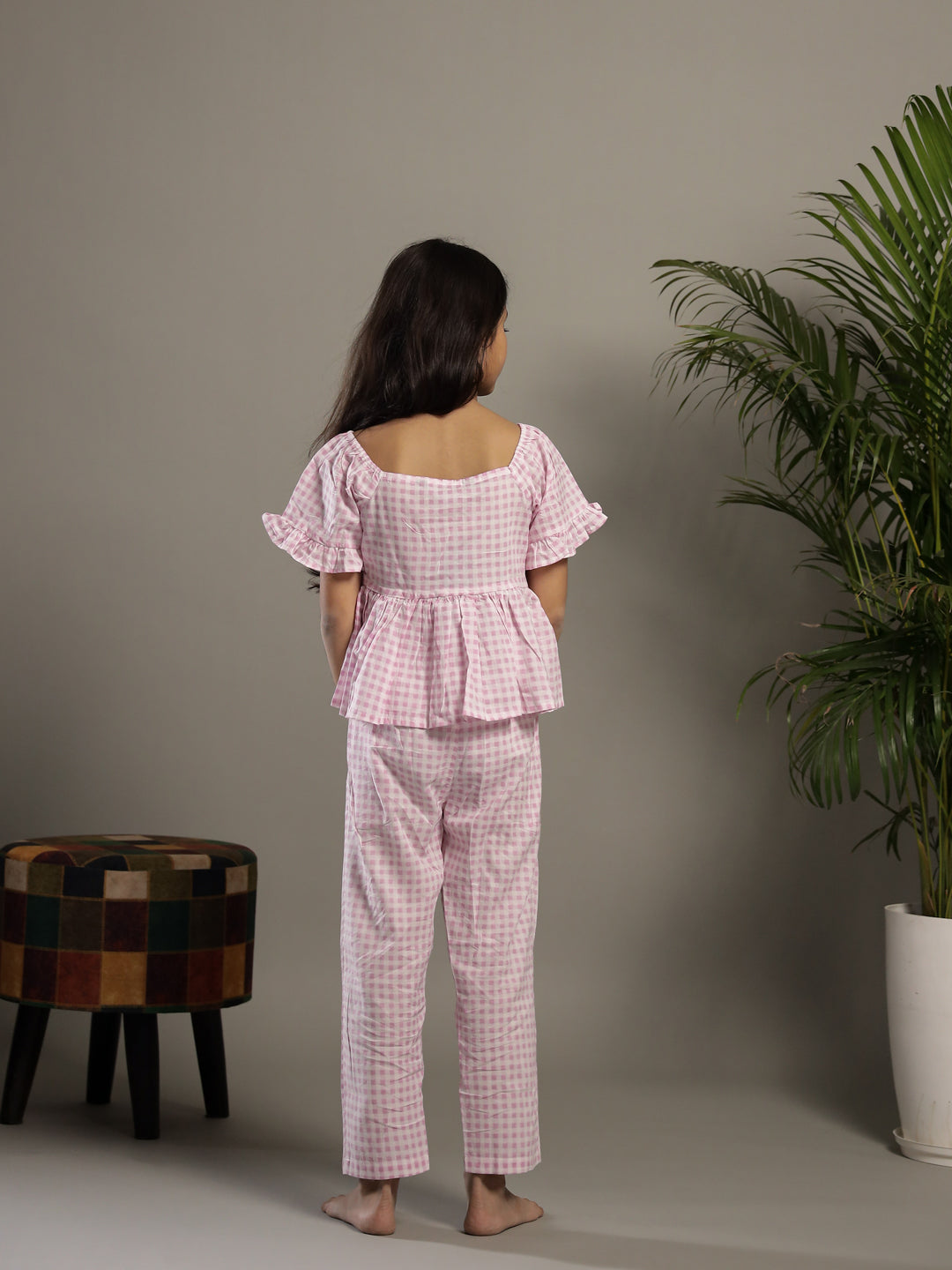 Pink Check Printed Round Neck Cotton Co-ords Set - SanskrutiHomes 