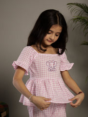 Pink Check Printed Round Neck Cotton Co-Ords Set