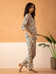 Beige Round Neck Viscose Rayon Printed Floral Night Suit For Women