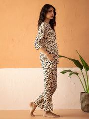 Beige Round Neck Viscose Rayon Printed Floral Night Suit For Women