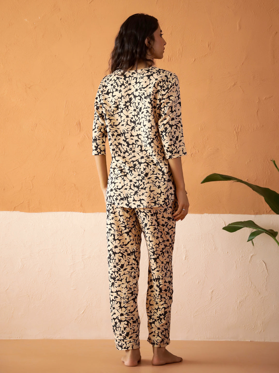 Beige Round Neck Viscose Rayon Printed Floral Night Suit For Women