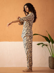 Beige Round Neck Viscose Rayon Printed Floral Night Suit For Women