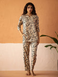 Beige Round Neck Viscose Rayon Printed Floral Night Suit For Women