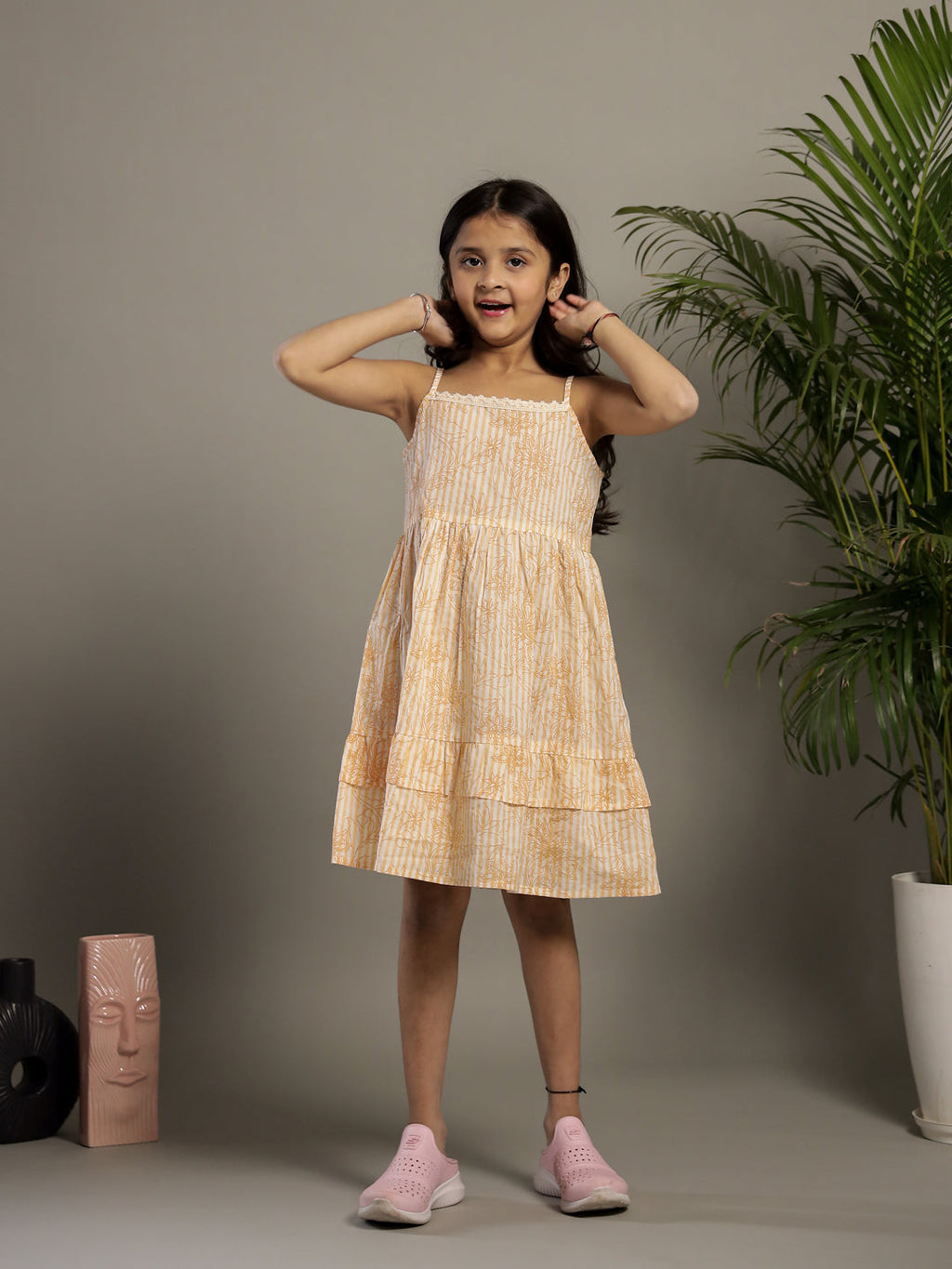 Yellow Floral Printed Cotton Dress for Kids - SanskrutiHomes 