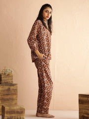 Brown V-Neck Pure Cotton Printed Floral Night Suit For Women