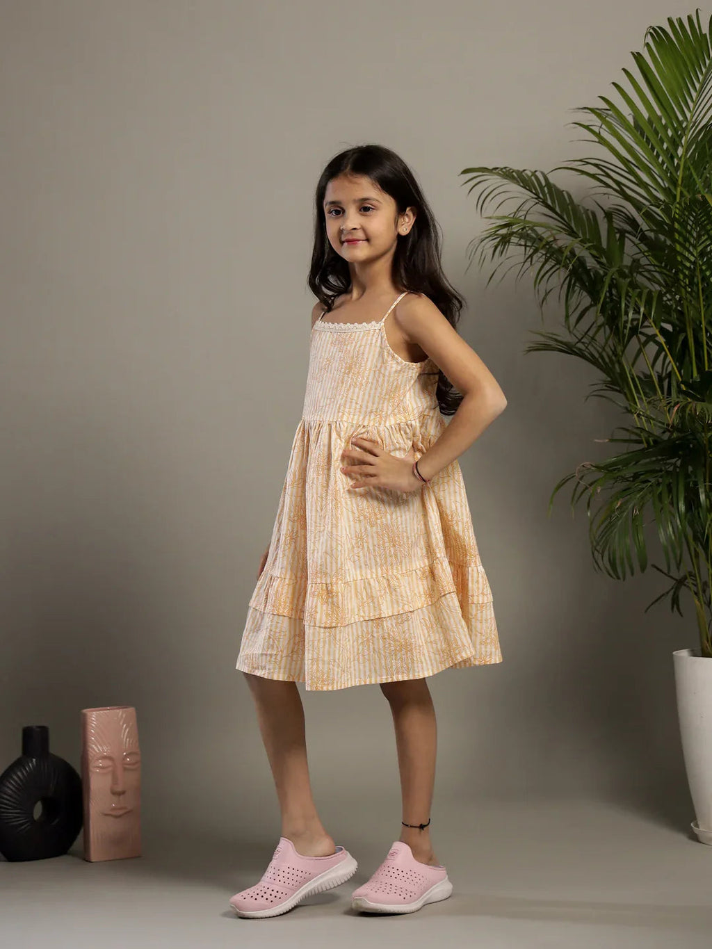 Yellow Floral Printed Cotton Dress for Kids - SanskrutiHomes 