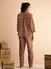 Brown V-Neck Pure Cotton Printed Floral Night Suit For Women