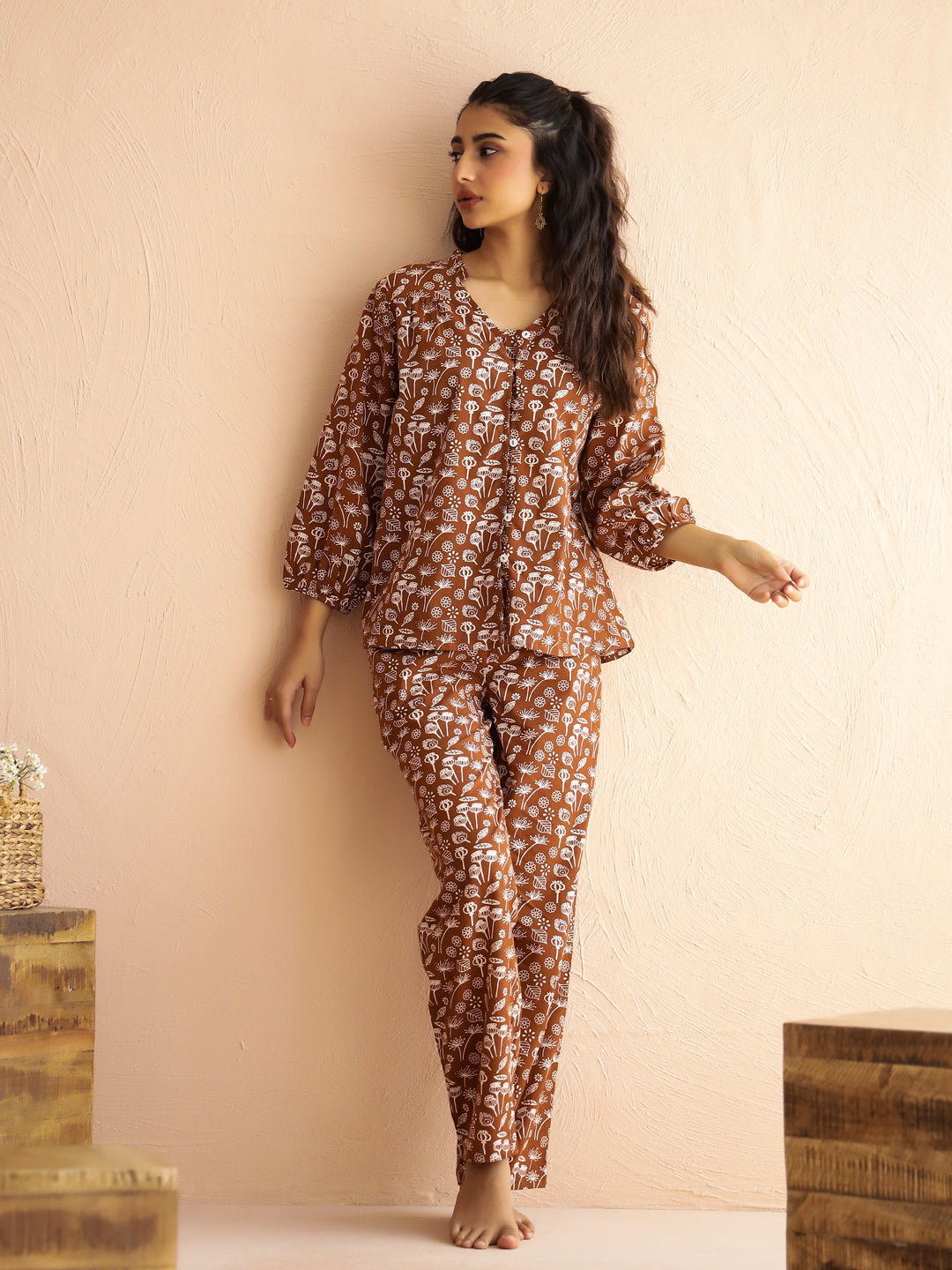 Brown V-Neck Pure Cotton Printed Floral Night Suit For Women