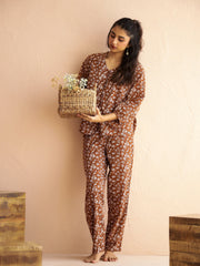 Brown V-Neck Pure Cotton Printed Floral Night Suit For Women