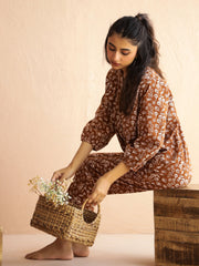 Brown V-Neck Pure Cotton Printed Floral Night Suit For Women