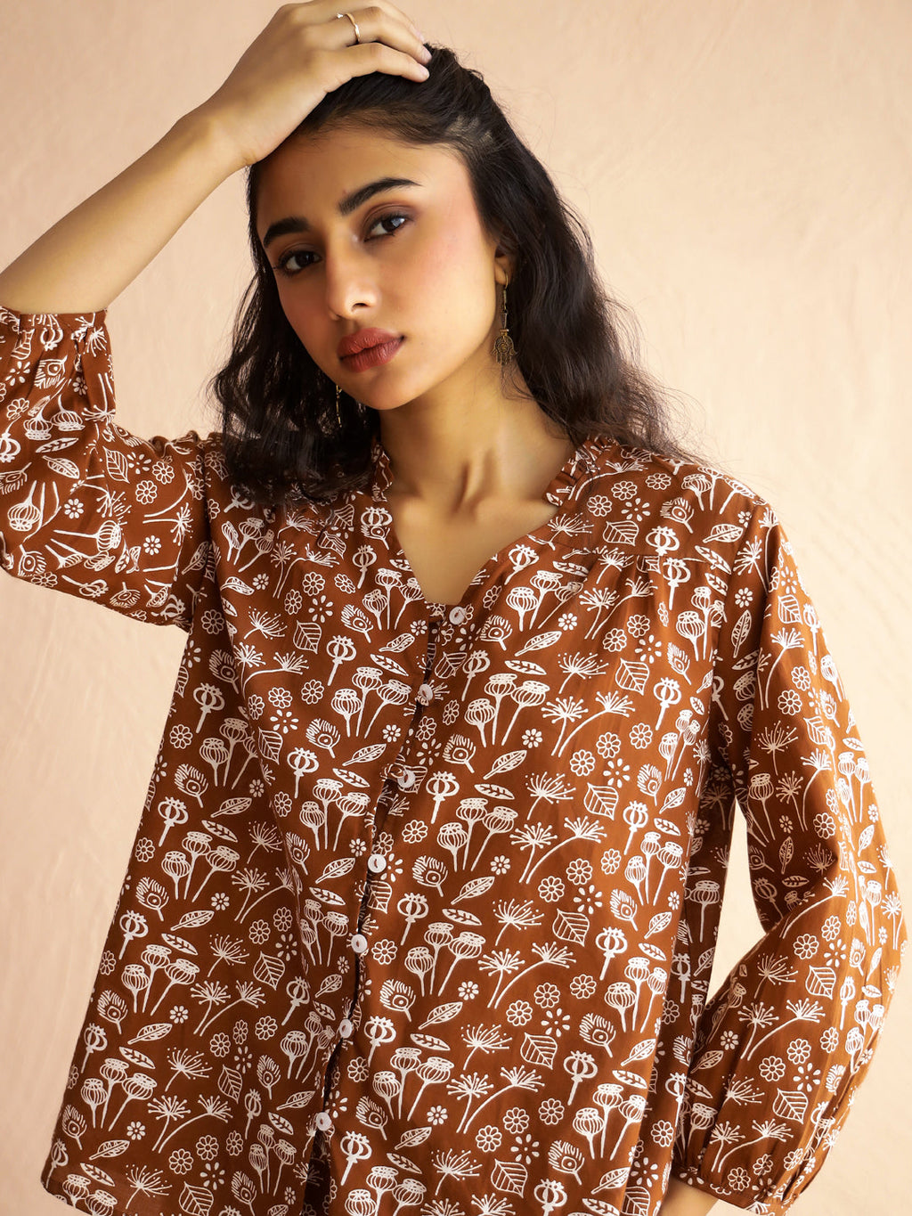 Brown V-Neck Pure Cotton Printed Floral Night Suit For Women