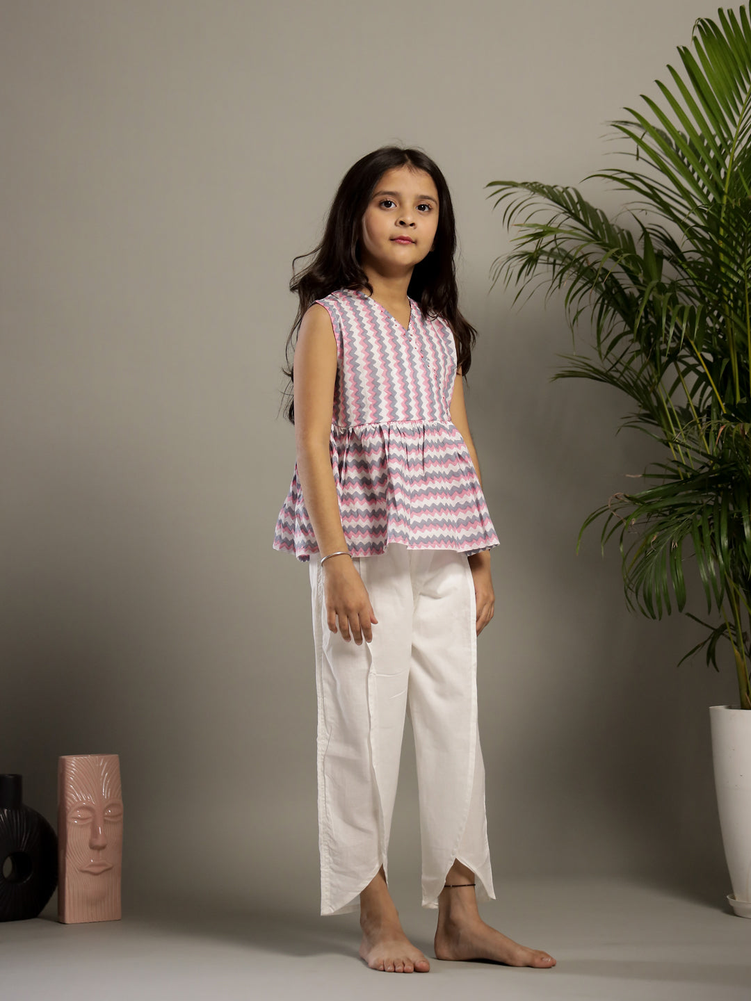 White Geometric Print V-Neck Co-Ords Set For Kids