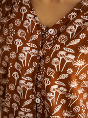 Brown V-Neck Pure Cotton Printed Floral Night Suit For Women