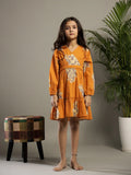 Orange V-Neck Printed Cotton Dress for Kids - SanskrutiHomes 