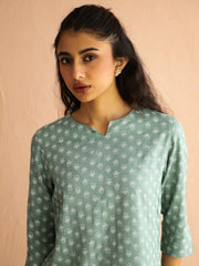 Sea Green Round Neck Viscose Rayon Ethnic Motifs Printed Night Suit For Women