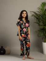 Black Multicolor Floral Printed Night Suit for Kids - SanskrutiHomes 