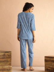 Blue Round Neck Pure Cotton Printed Striped Night Suit For Women
